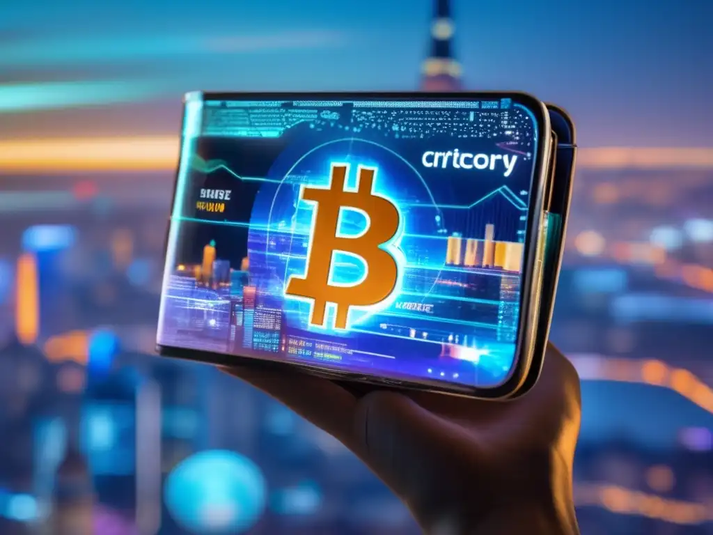 Brillante billetera futurista con hologramas de criptomonedas Un hombre en traje sostiene un futurista monedero con proyecciones holográficas de monedas y activos digitales