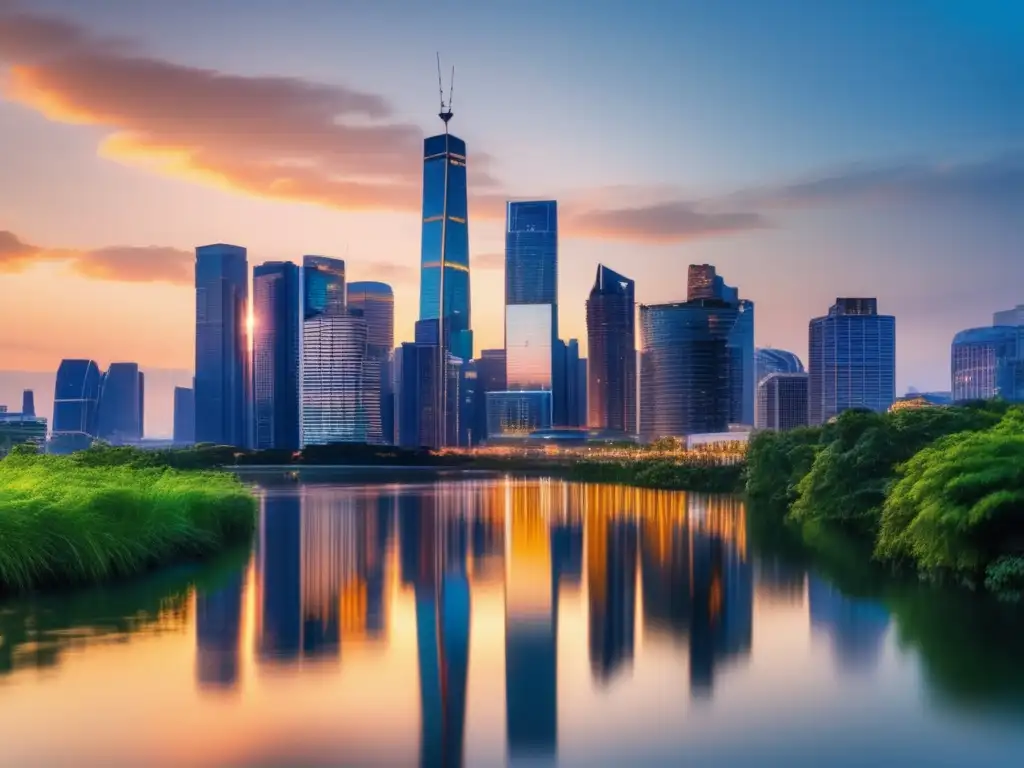 Luminosa ciudad al atardecer: símbolo de innovación y prosperidad El horizonte de la ciudad bulliciosa al atardecer, con rascacielos modernos iluminados por el cálido resplandor del sol poniente