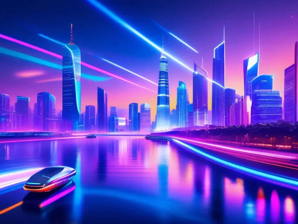 Deslumbrante ciudad futurista: luces neón y hologramas reflejados en el río Un horizonte urbano futurista iluminado por luces de neón, reflejado en el río