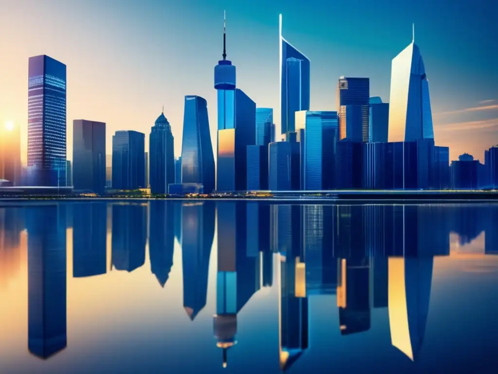 Deslumbrante skyline urbano: Regulaciones contra el lavado de dinero - Un horizonte urbano futurista con rascacielos reflejando la luz del sol, simbolizando los centros financieros globales y la importancia de las normativas internacionales antilavado de dinero