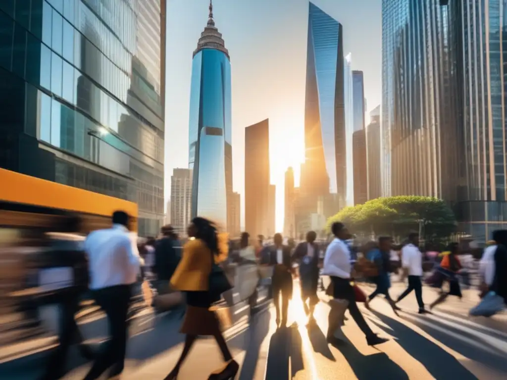 Diversidad urbana: reflejo del poder económico global La imagen muestra una bulliciosa calle de la ciudad, con rascacielos modernos y gente de diversas culturas