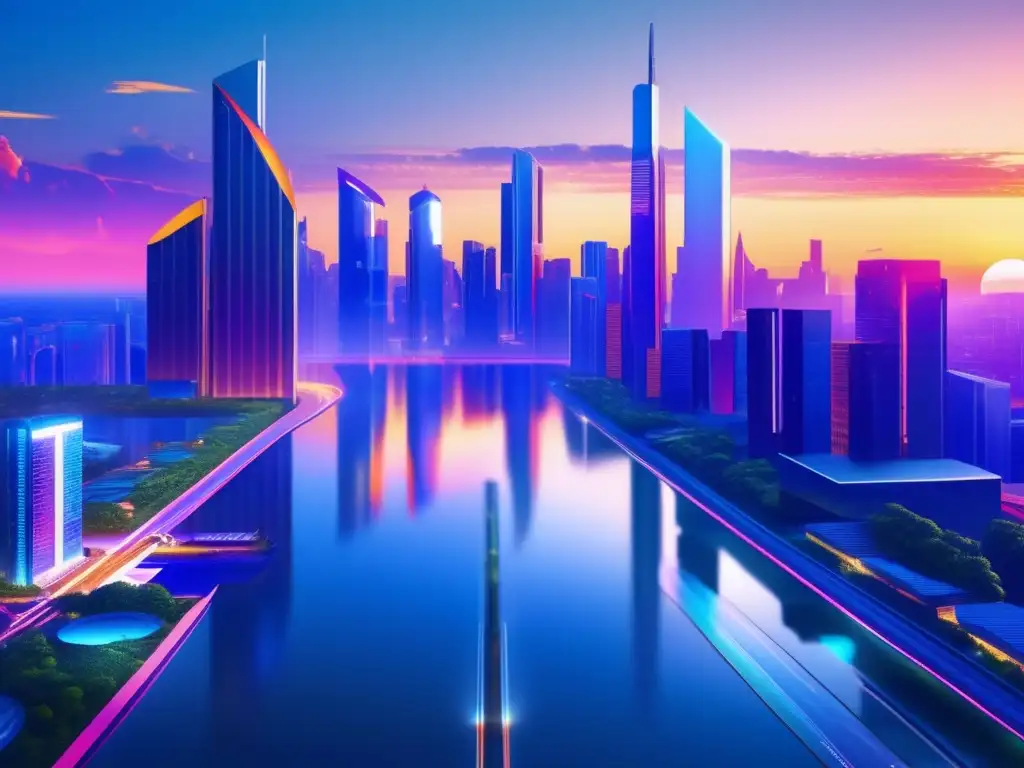 Ciudad futurista: rascacielos reflectantes y tecnología avanzada - La imagen muestra una ciudad futurista con rascacielos reflectantes y vehículos aerodinámicos