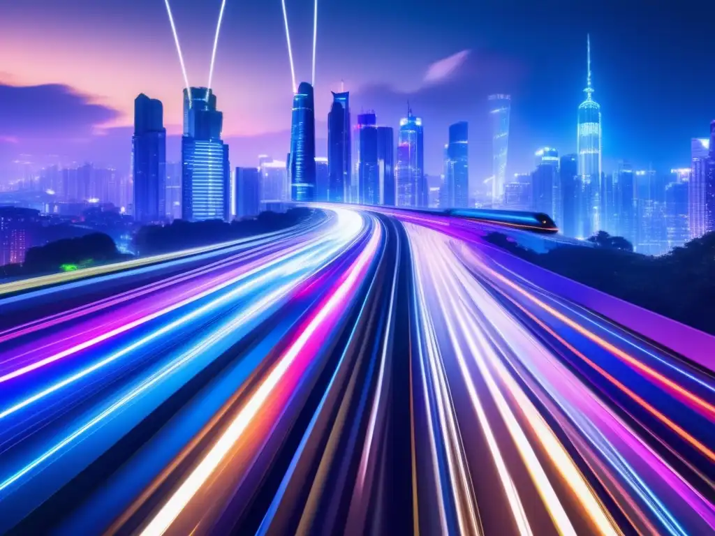 Luminosa ciudad nocturna: blockchain y modernidad La imagen muestra el impacto ecológico de transferencias blockchain en una ciudad futurista con rascacielos iluminados por luces de neón