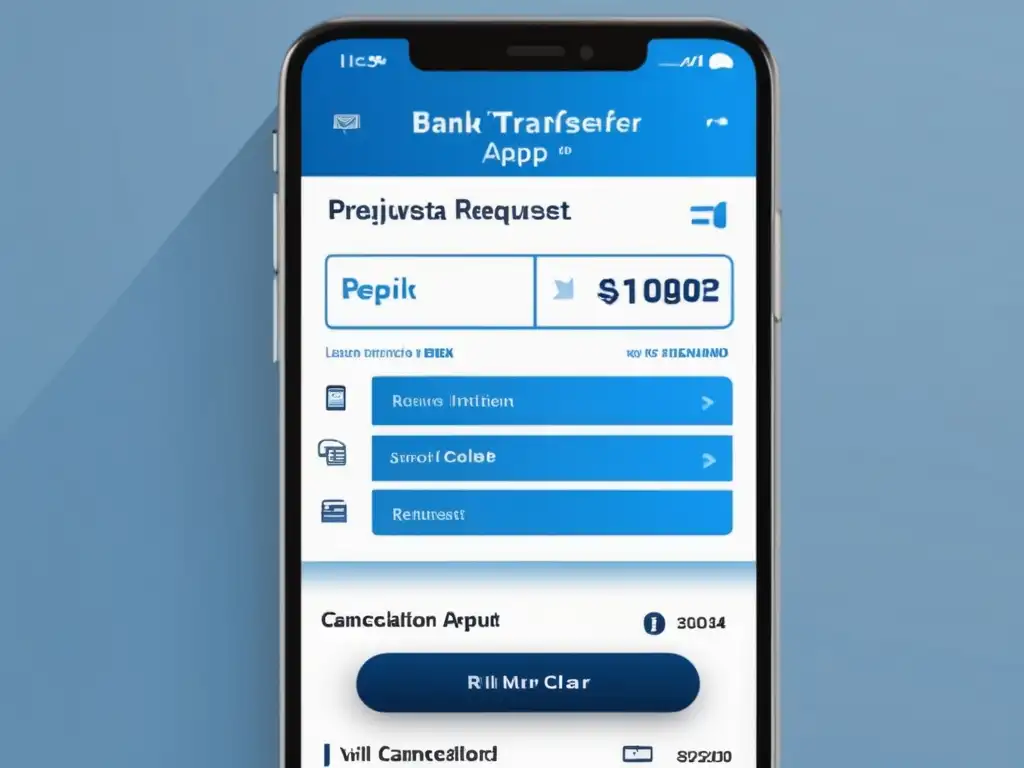 Cancelación y reembolso: App de transferencia bancaria La imagen muestra una interfaz de app de transferencia bancaria moderna y elegante en un smartphone