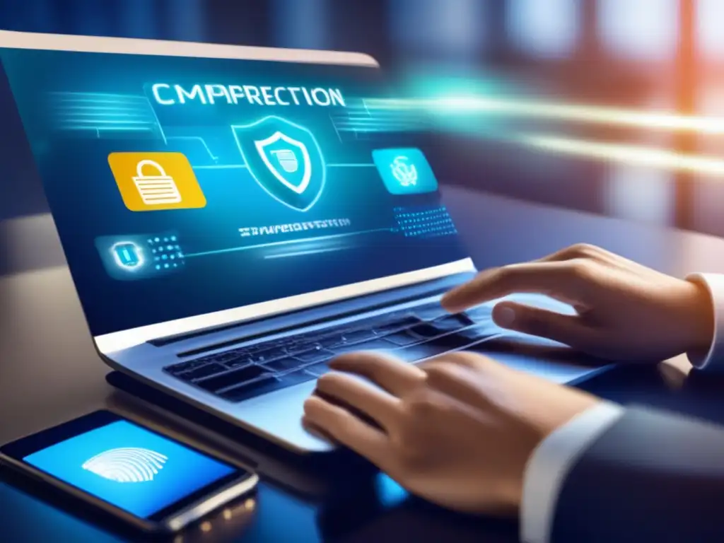 Transferencia segura de fondos: Detalles ultramodernos de seguridad digital La imagen muestra una mano transfiriendo fondos de forma segura entre un smartphone y una computadora, con múltiples capas de seguridad digital