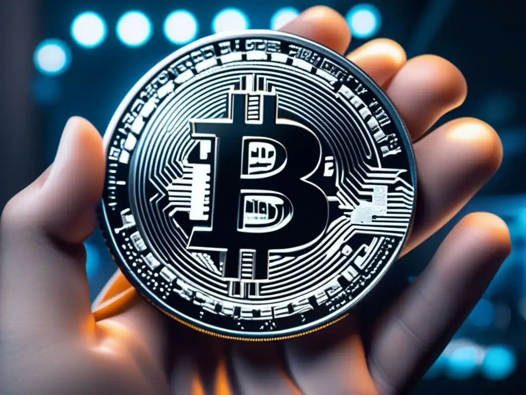Brillante Bitcoin de plata: mano segura y futurista La imagen muestra una mano sosteniendo una moneda de plata de Bitcoin en un fondo futurista