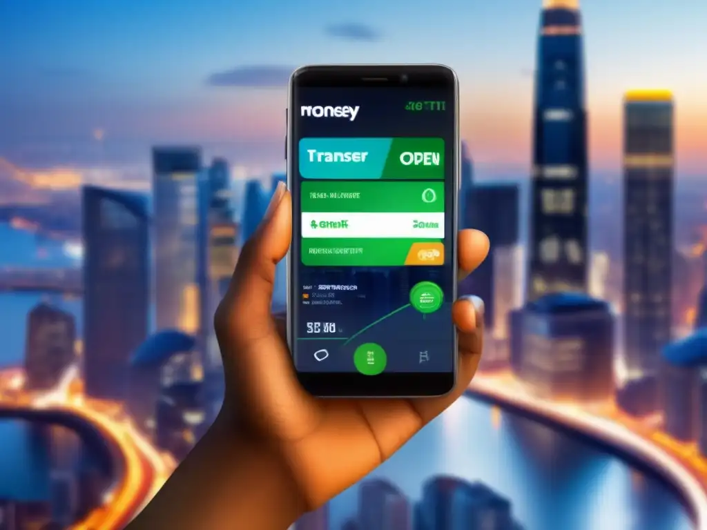 Transferencia de dinero instantánea en la ciudad La imagen muestra una mano sosteniendo un smartphone con la app de transferencia de dinero abierta, con una ciudad de fondo