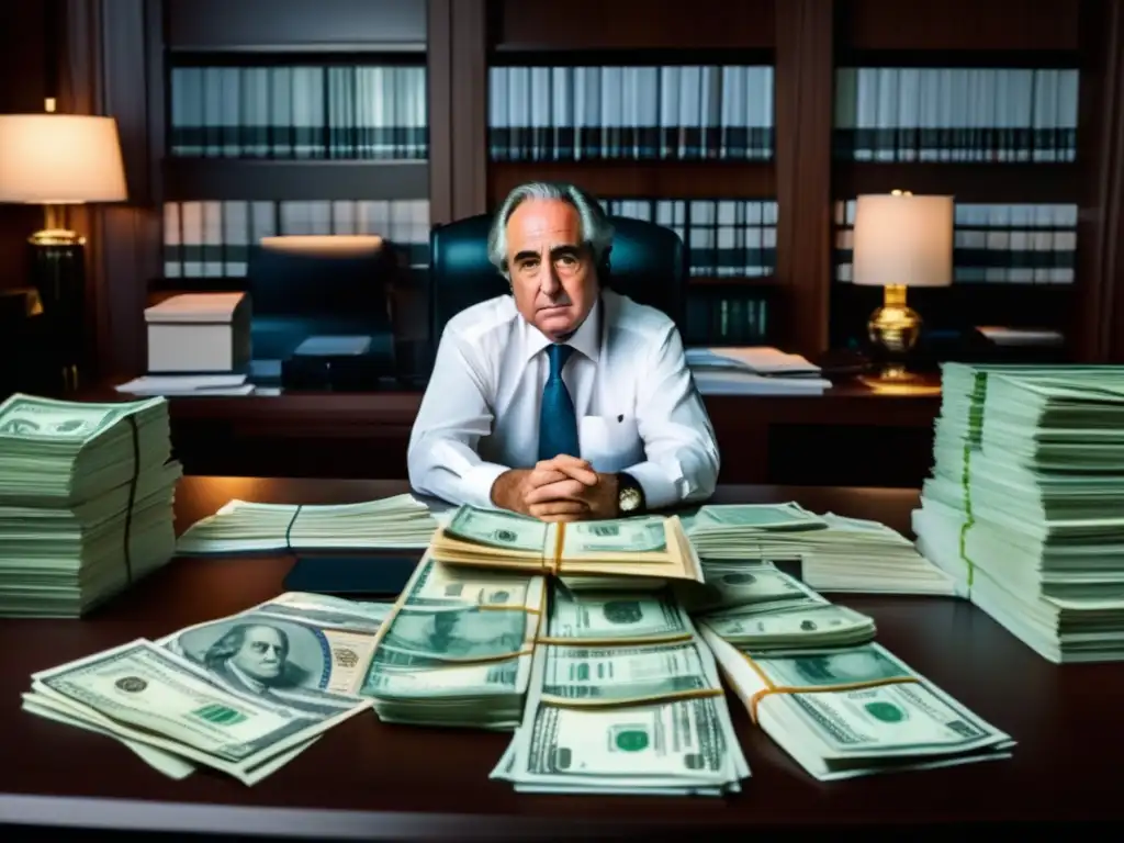El poder financiero de Bernie Madoff: una imagen impactante y detallada En la imagen, Bernie Madoff está rodeado de dinero y documentos financieros en una lujosa oficina, transmitiendo su poder e influencia