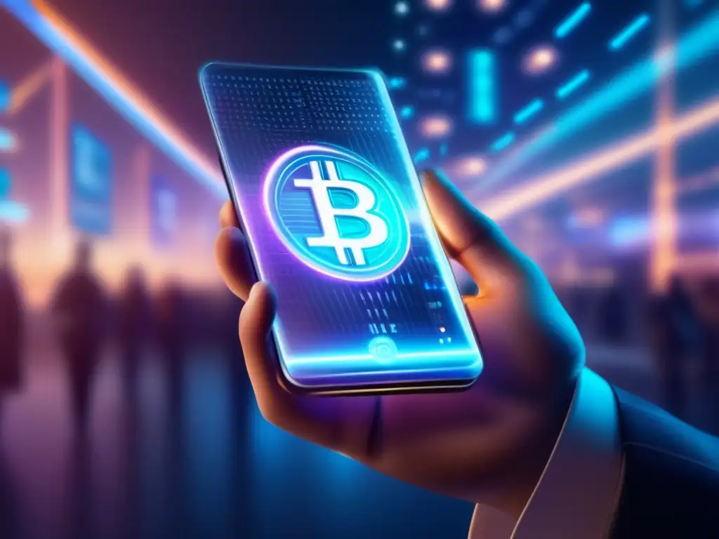 - Smartphone transparente muestra transferencia digital de moneda - La imagen muestra un smartphone transparente con una interfaz digital futurista, símbolos brillantes y transferencias de dinero digitales