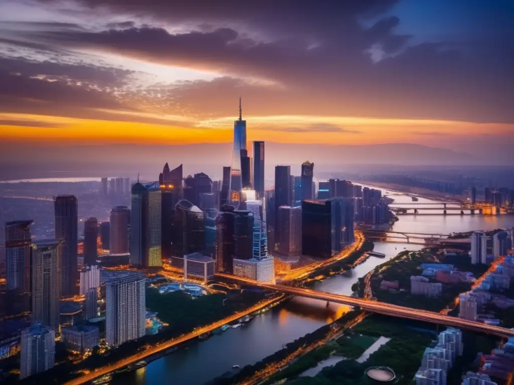 Amanecer deslumbrante en la metrópolis: luces y naturaleza- Una impactante vista aérea de una ciudad bulliciosa con rascacielos imponentes que se alzan contra un telón de fondo de un vibrante atardecer