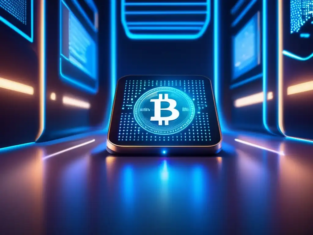 Protección criptomonedas: sistema de seguridad futurista Una impresionante imagen de un sistema de seguridad futurista y de alta tecnología diseñado para proteger criptomonedas vulnerables