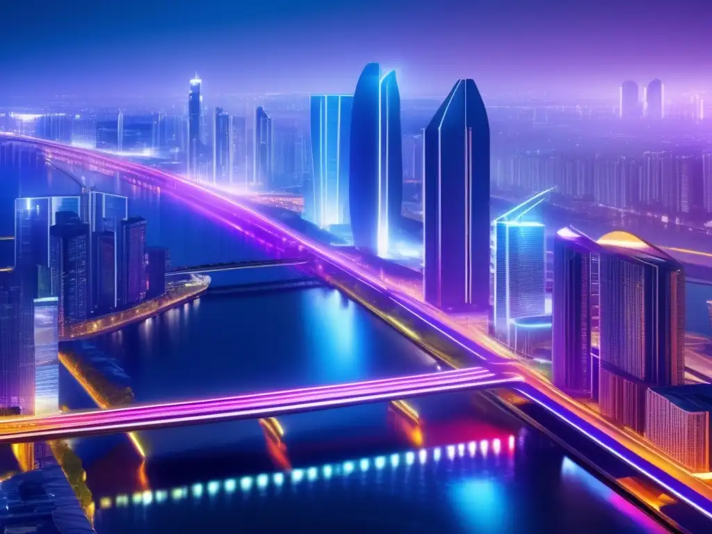 Ultramoderna ciudad futurista con luces de neón y trenes de alta velocidad- El impresionante skyline futurista de una ciudad ultramoderna de noche con rascacielos iluminados por luces de neón, reflejándose en el río