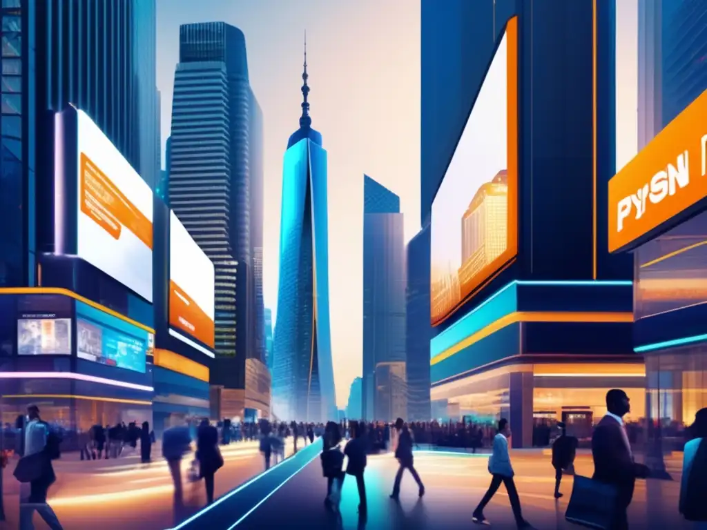 -Transacciones urbanas sin fisuras: Tecnología y pagos en la ciudad- Integración de pagos y mensajería: Moderna ciudad con rascacielos, transacciones sin problemas y personas usando dispositivos móviles