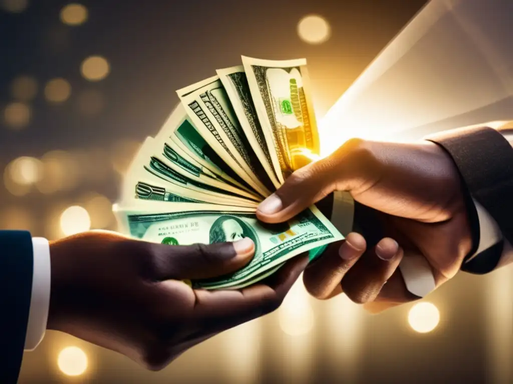 Trascendental intercambio de efectivo: manos y billetes en detalle Un intercambio de efectivo entre manos, resaltando la era de las transferencias de dinero físico