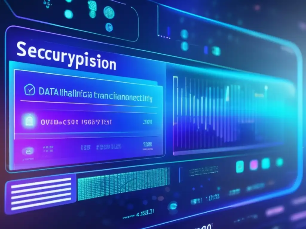 Protección financiera avanzada: interfaz digital futurista Una interfaz digital futurista muestra protección financiera en línea con información correcta, códigos de encriptación y autenticación biométrica