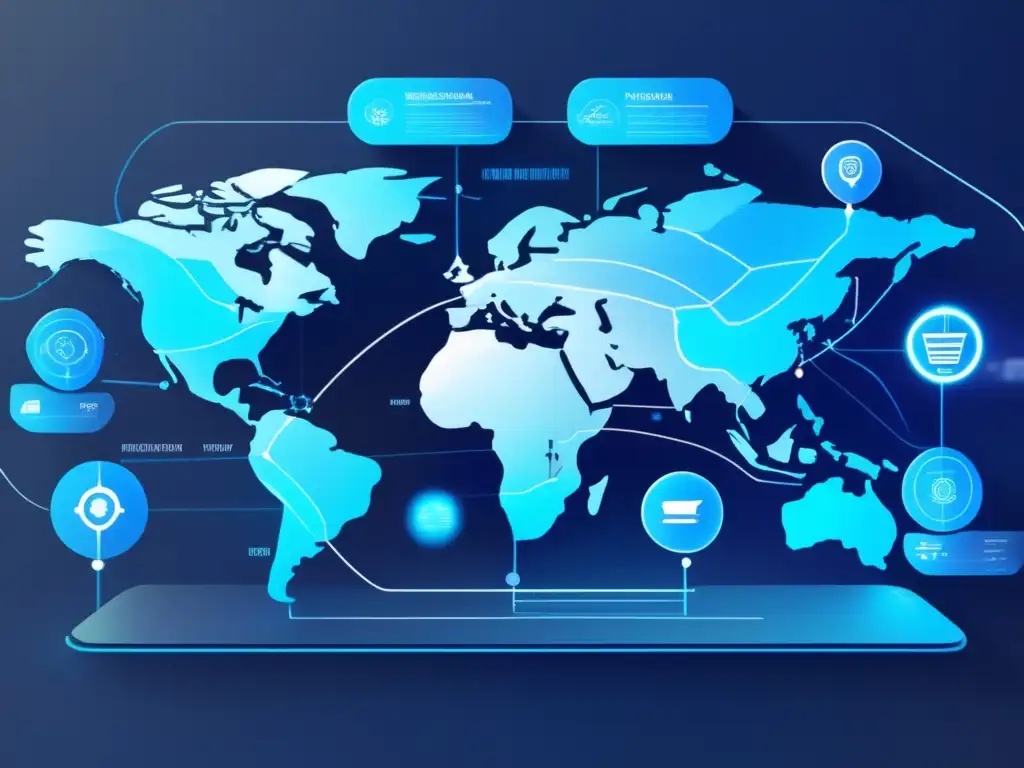 Conexiones Globales: Plataformas de Envío y Pagos Una interfaz futurista muestra la integración de plataformas globales de envío y pago