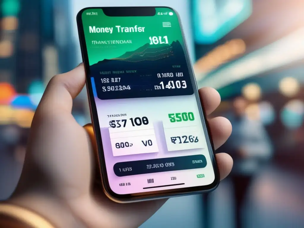 Transferencias internacionales sin fronteras: interfaz de app 8k futurista Una interfaz moderna para una app de transferencias internacionales de dinero en un smartphone de alta resolución