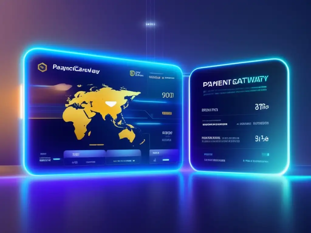 Interfaz de pago futurista: integración global y seguridad Una interfaz de pago futurista y elegante integrada con plataformas globales de envío y dinero, con datos detallados y seguridad