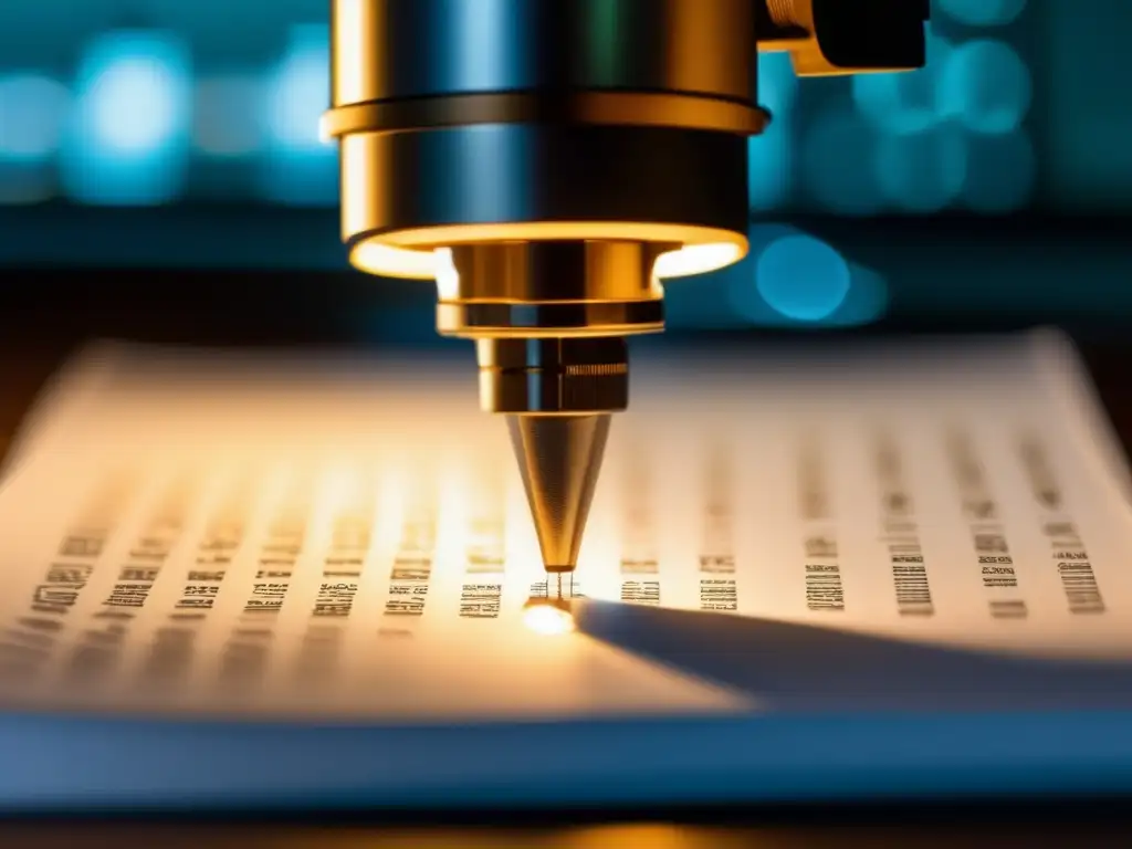 Descubre los secretos financieros: microscopio revela detalles impactantes Bajo la luz cálida de una lámpara de escritorio, se examinan minuciosamente documentos financieros, revelando complejos detalles y marcas de agua
