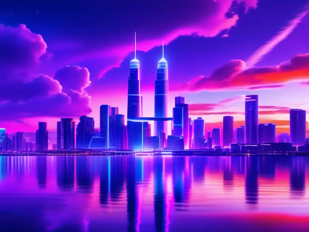 Un atardecer futurista: ciudad neón en espejo de agua- Una majestuosa ciudad futurista a la caída del sol, reflejada en el agua, irradia modernidad y progreso