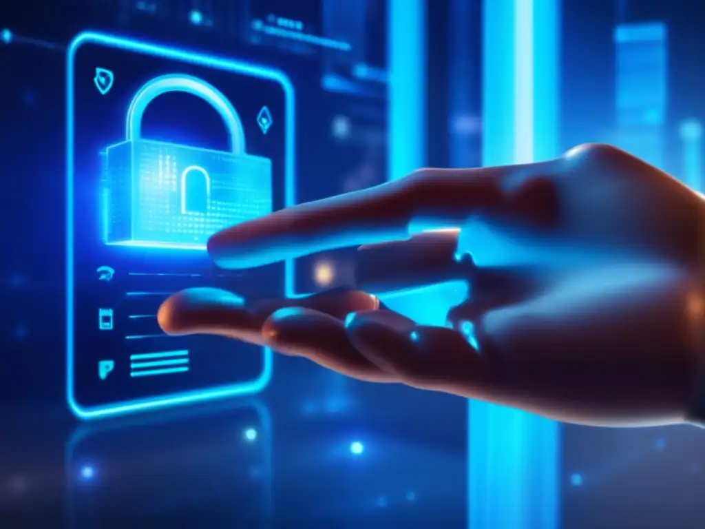 Exclusiva autenticación: mano ingresando código La mano introduce un código de autenticación en una interfaz futurista
