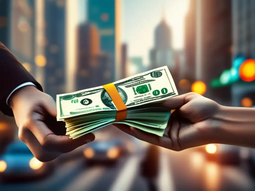 Entrega de efectivo en la ciudad: ¡Detalles nítidos y impactantes! Una mano entrega dinero a otra en la ciudad