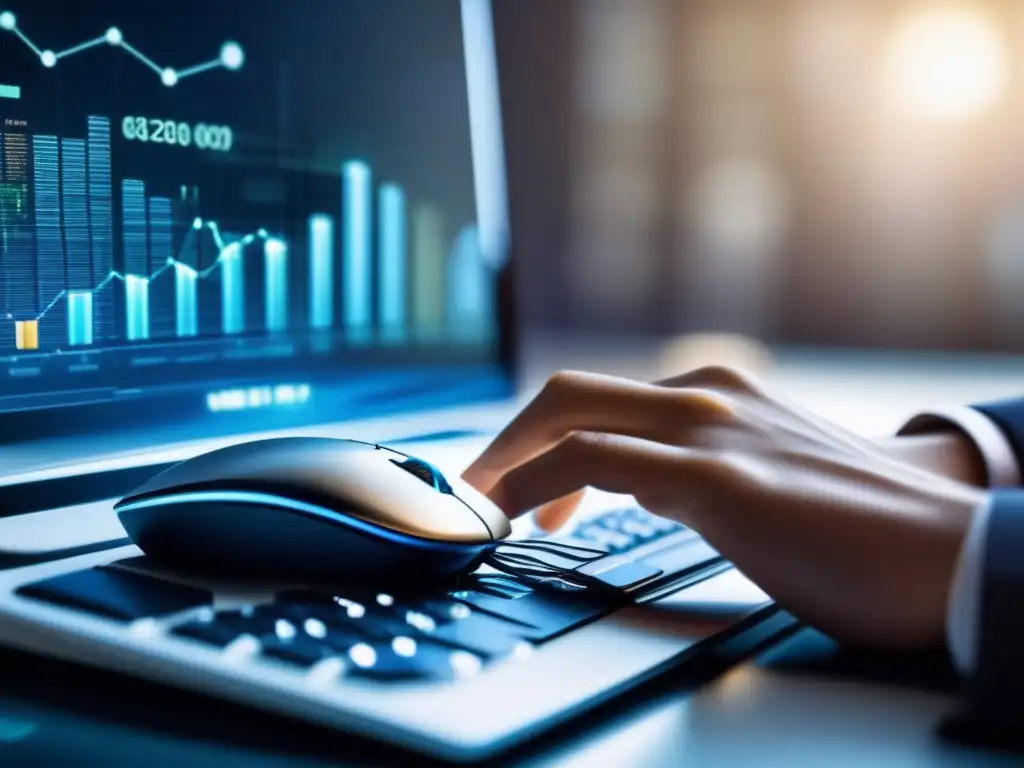Tecnología financiera: mano sobre mouse, datos en pantalla Una mano se cierne sobre un mouse, con gráficos financieros detallados en la pantalla