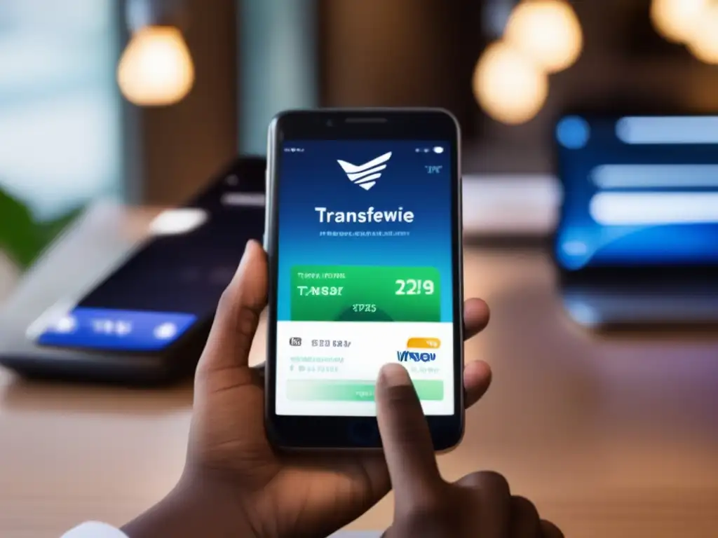 Tecnología financiera: Transferencia internacional con TransferWise La mano de una persona utilizando el smartphone para transferir dinero internacionalmente con la app de TransferWise