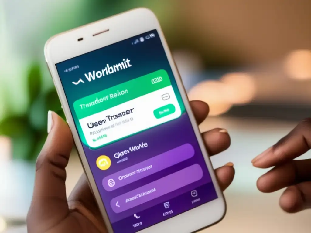 Transferencia internacional fácil y moderna con la app WorldRemit Una mano sostiene un smartphone con la app de WorldRemit abierta, mostrando una interfaz amigable para transferencias internacionales de dinero