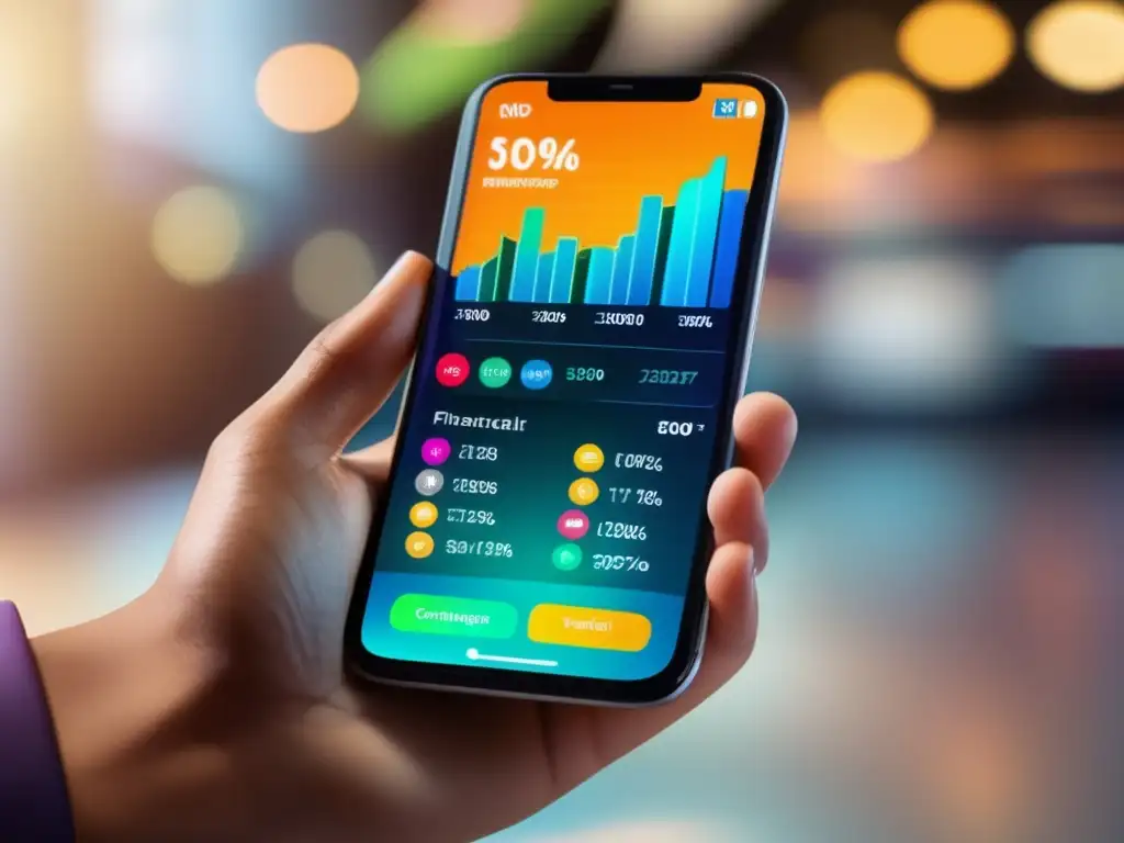 Descubre el poder del análisis financiero en la palma de tu mano Mano sosteniendo smartphone con app bancaria, mostrando gráficos de transacciones