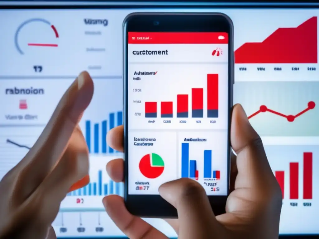 Alerta roja: análisis de retención de clientes Una mano sostiene un smartphone con expresión preocupada, revisando un panel de retención de clientes con gráficos y métricas de compromiso