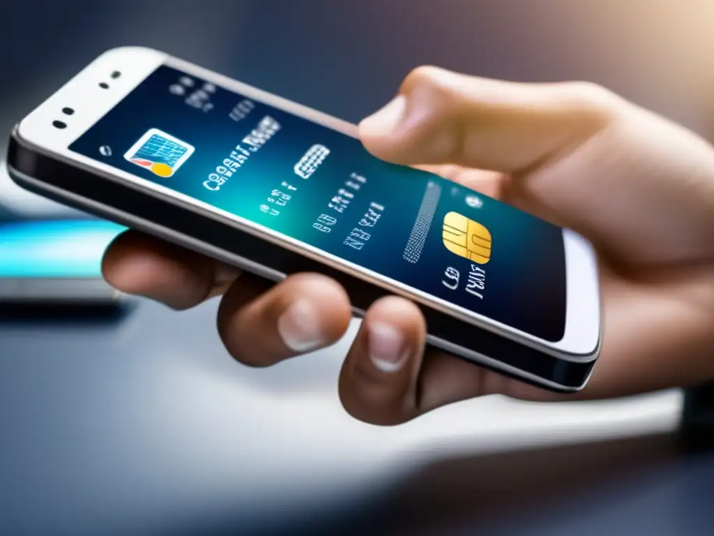 Transferencia segura: mano con tarjeta y móvil Una mano sostiene una tarjeta de crédito y un teléfono, realizando una transferencia segura en línea