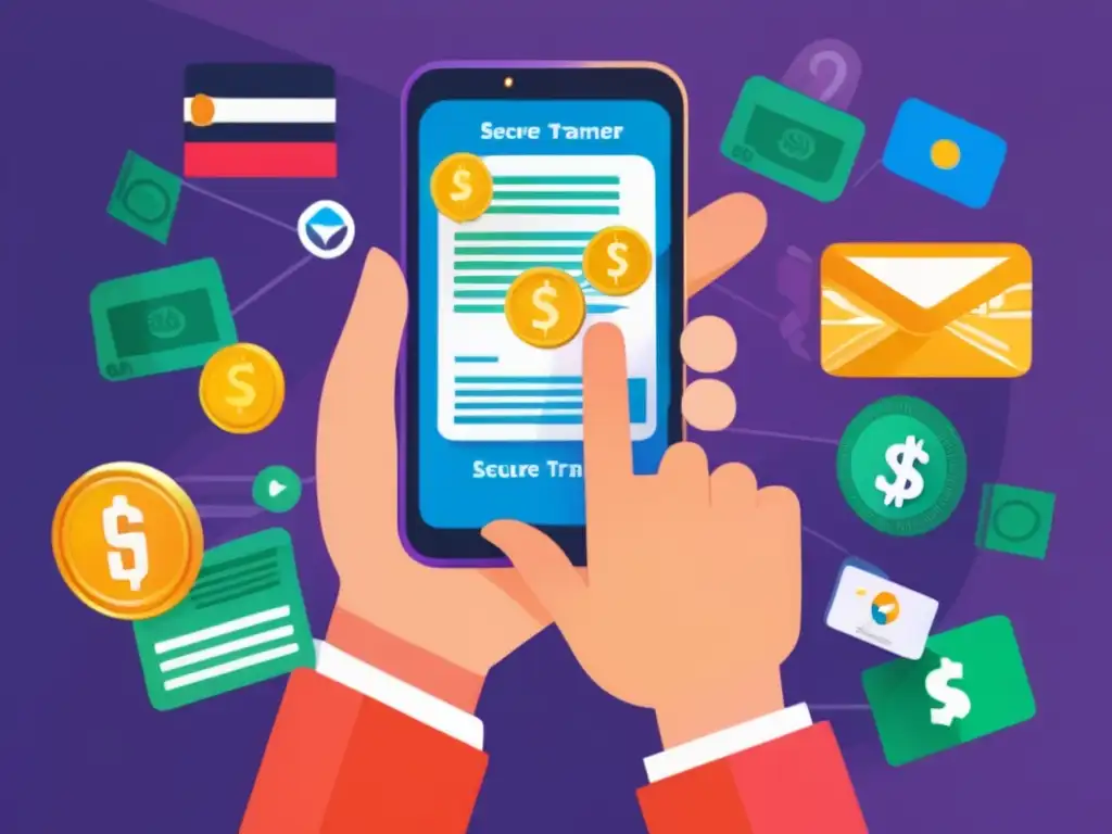 Desmitificando transferencias de dinero: ¡Seguras y rápidas! Una mano sostiene un teléfono con la app de transferencia segura mientras desmonta mitos sobre envío de dinero