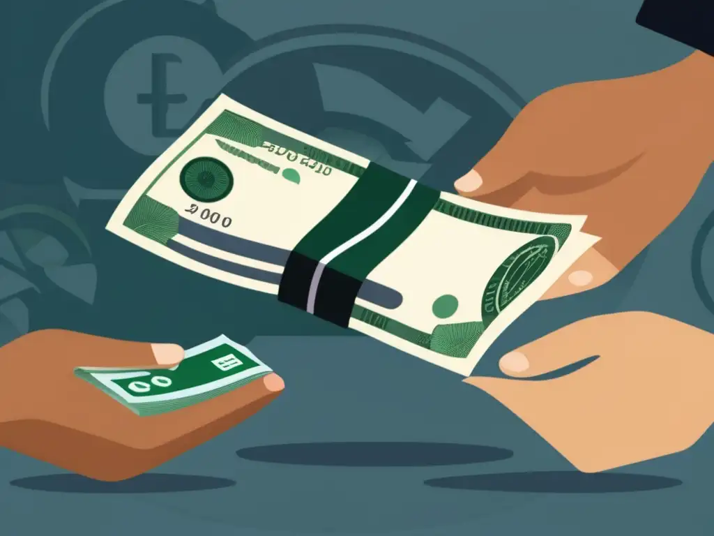 Transacción de dinero internacional: manos intercambiando billetes - Dos manos intercambian dinero internacionalmente, con billetes detallados y fondo moderno