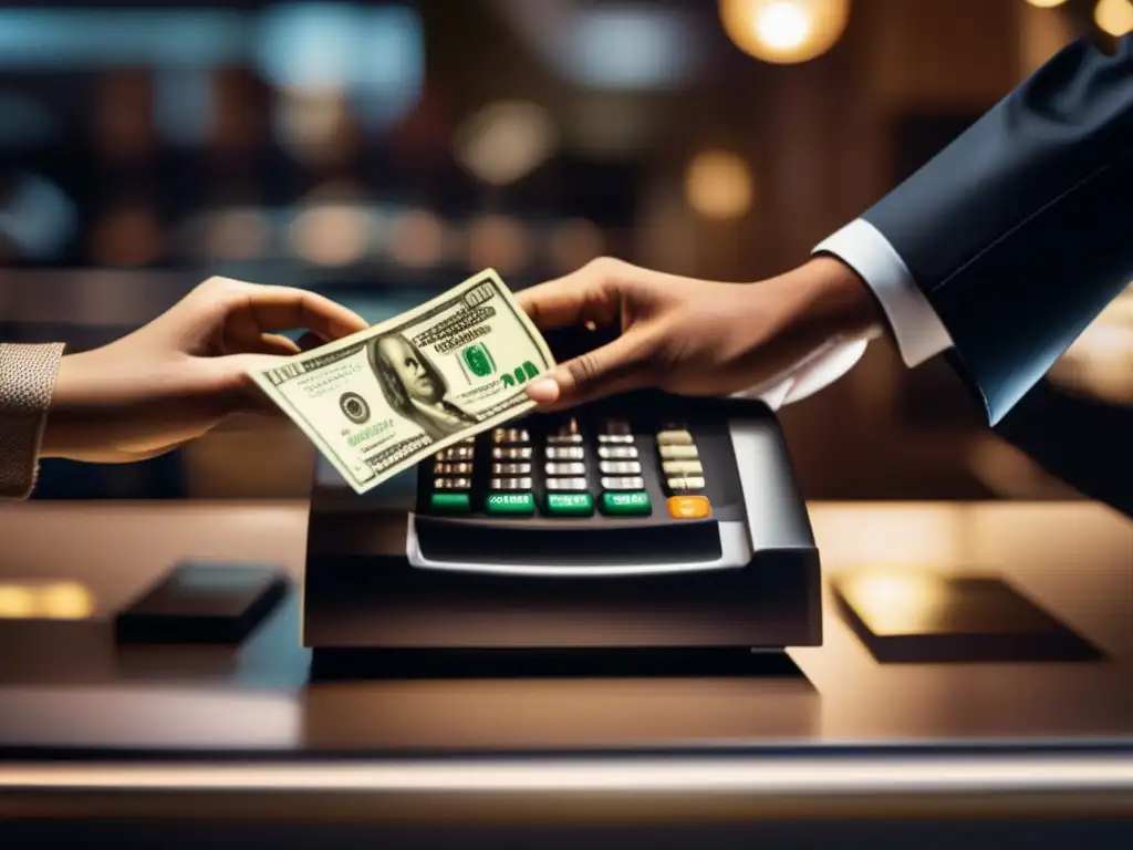 Intercambio de dinero en negocio local - Detalles en efectivo y emoción Dos manos intercambian dinero en un negocio local, mostrando el impacto positivo de las transferencias financieras locales
