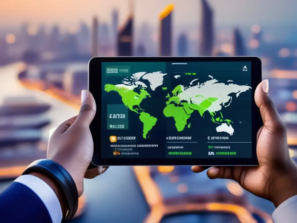 Ubicación global: Logística y pagos futuristas Dos manos sostienen dispositivos con interfaces de plataformas logísticas y de pago global, con una ciudad futurista de fondo