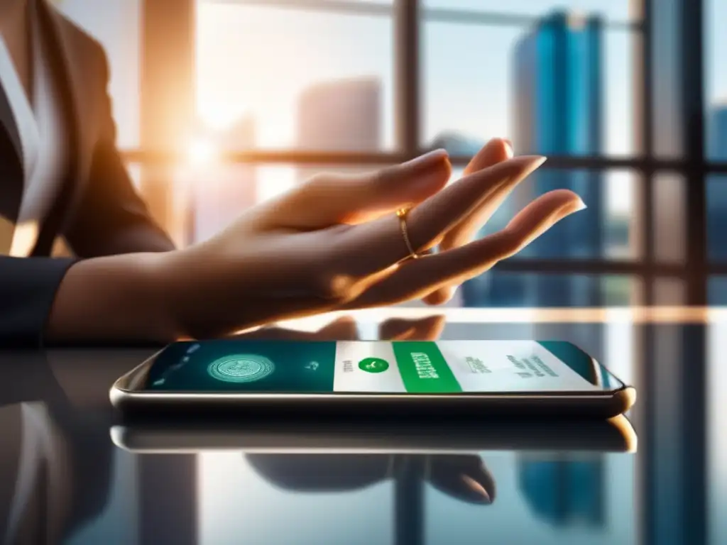 Empoderamiento financiero: transferencia exitosa en smartphone - Las manos de una mujer sostienen un smartphone con la app bancaria abierta, mostrando una exitosa transferencia de dinero