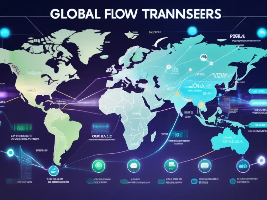 - Mapa global de transferencias de dinero: Conexiones financieras Un mapa digital detallado muestra el flujo global de transferencias de dinero