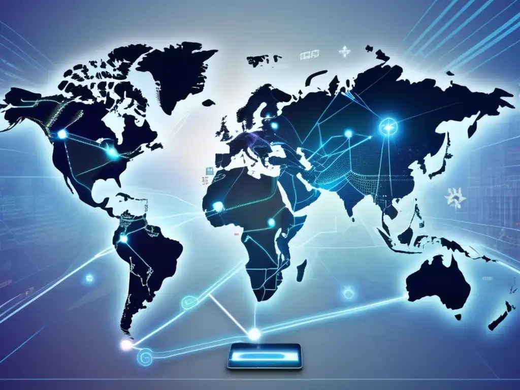 Mapa mundial de transferencias internacionales: evolución y tecnología Un mapa del mundo detallado con líneas y flechas que representan transferencias internacionales de dinero, con elementos tecnológicos futuristas