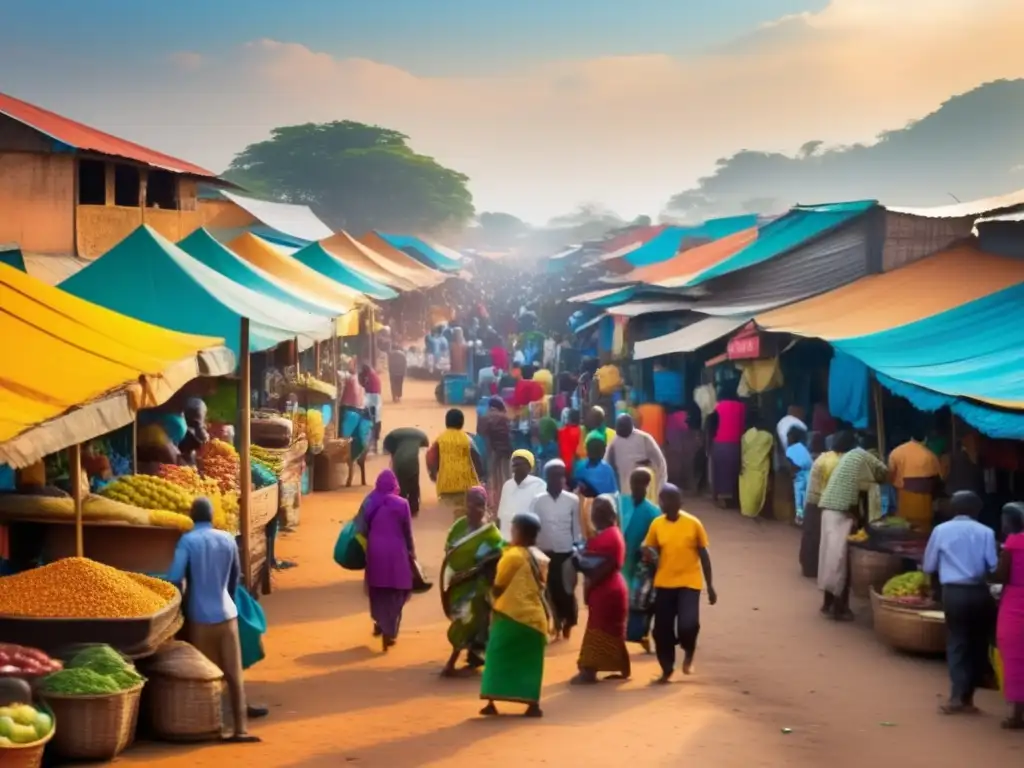 Mercado bullicioso en país en desarrollo: intercambio y colorido Un mercado bullicioso en un país en desarrollo, con colores vibrantes y productos diversos