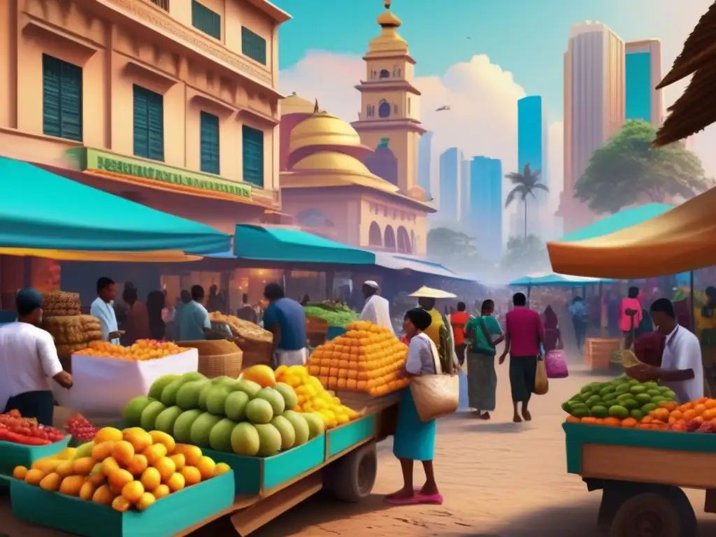Mercado bullicioso en país en desarrollo: comercio y vida local vibrantes Un mercado bullicioso en un país en desarrollo, con vendedores de frutas coloridas, artesanías y comida callejera