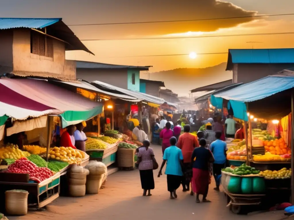 Mercado bullicioso: escenas coloridas y esperanza económica Un mercado bullicioso en un país en desarrollo, donde la gente compra y vende productos