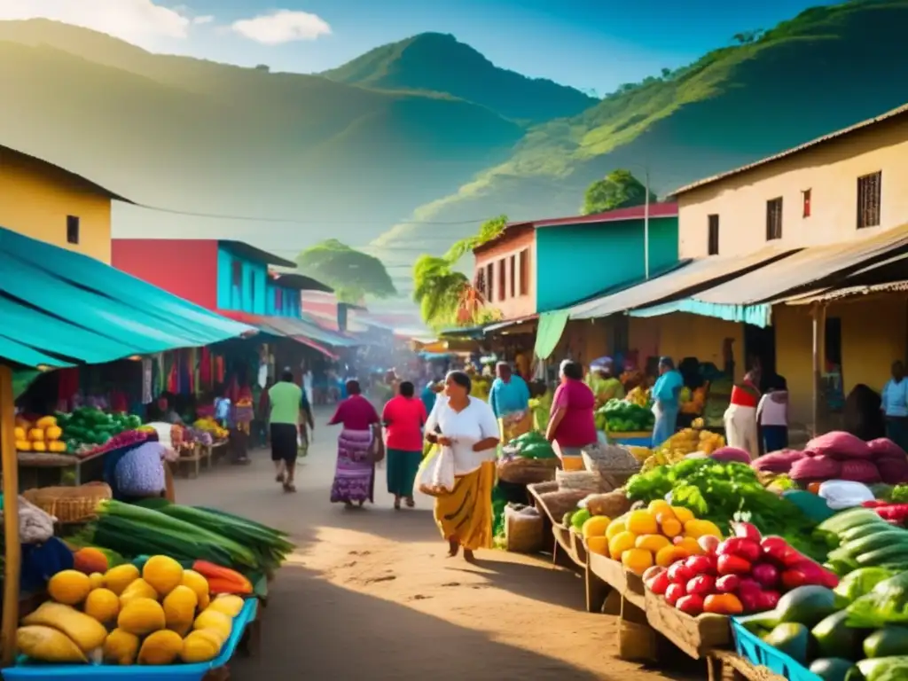 Alegre mercado rural en América Central: coloridos puestos y comunidad vibrante- En un mercado bullicioso de un pueblo rural de América Central, coloridos puestos rebosan con productos frescos y textiles vibrantes