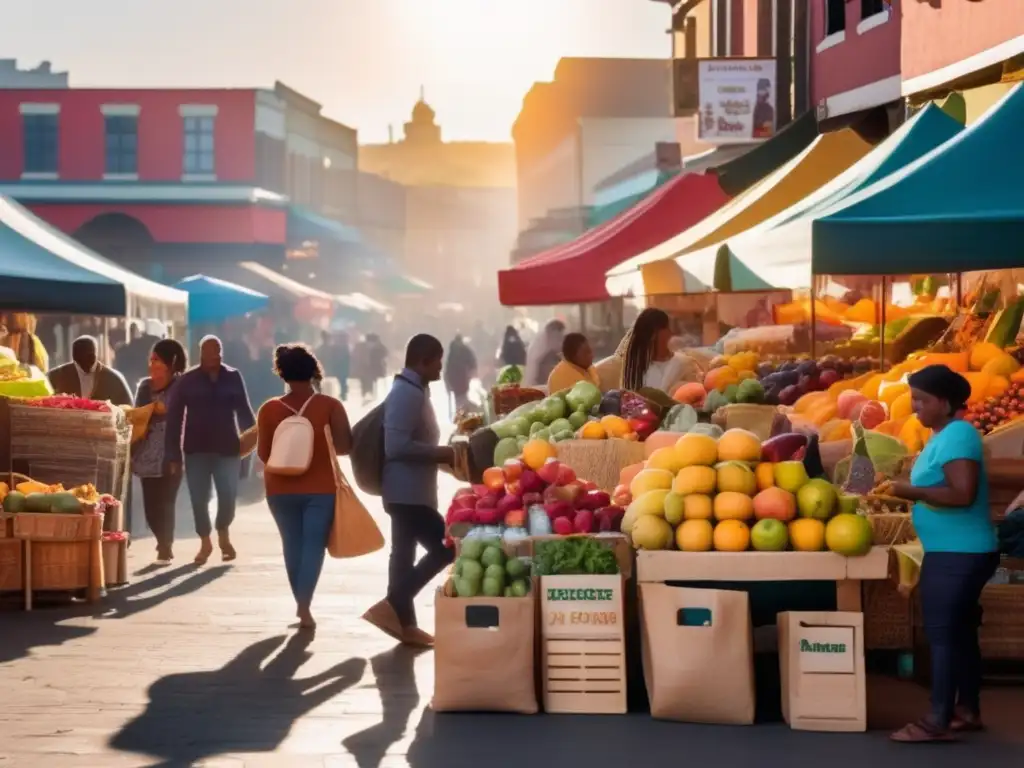 Mercado local animado: colores, artesanías y clientes felices Un mercado local vibrante con vendedores y clientes animados, resaltando el impacto de las transferencias de dinero en los negocios locales