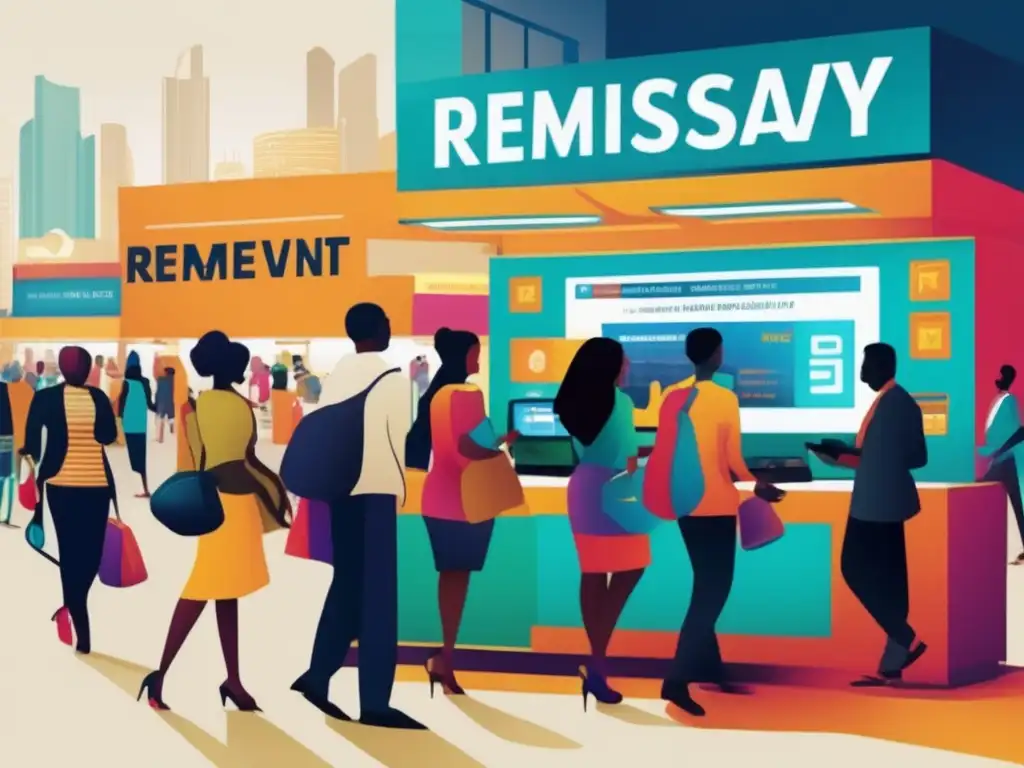 Remesas globales: tradición y tecnología en acción En un moderno centro de remesas, personas de diversas culturas envían dinero a sus familias