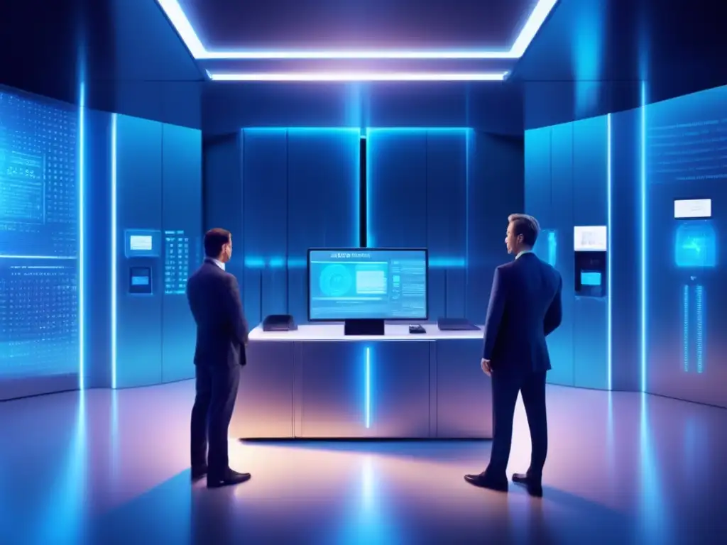 La bóveda bancaria del futuro: alta seguridad y tecnología avanzada Un moderno y seguro banco del futuro con estándares militares para transferencias financieras, con biometría, cámaras y hologramas