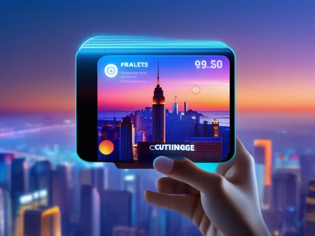 Transacción futurista: billetera digital innovadora - Seguridad y dinamismo Un moderno y sofisticado monedero digital en una ciudad futurista al atardecer
