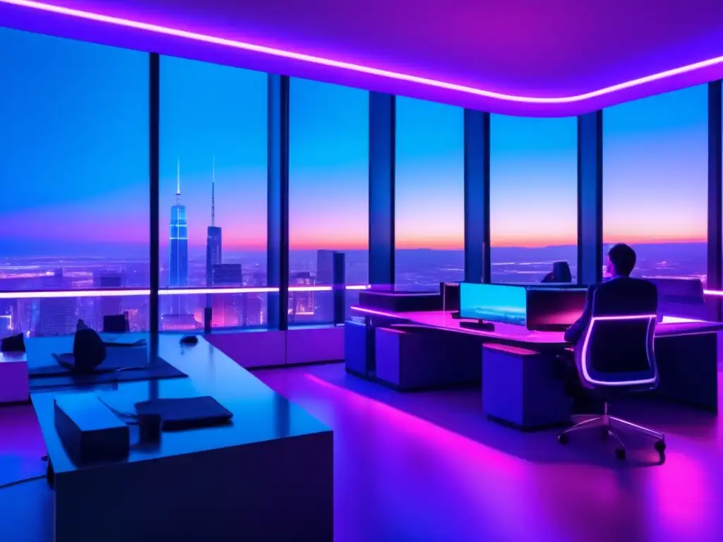 Tecnología fintech: Sala de reuniones futurista- Desde una oficina futurista con vista a la ciudad, jóvenes profesionales colaboran en soluciones fintech
