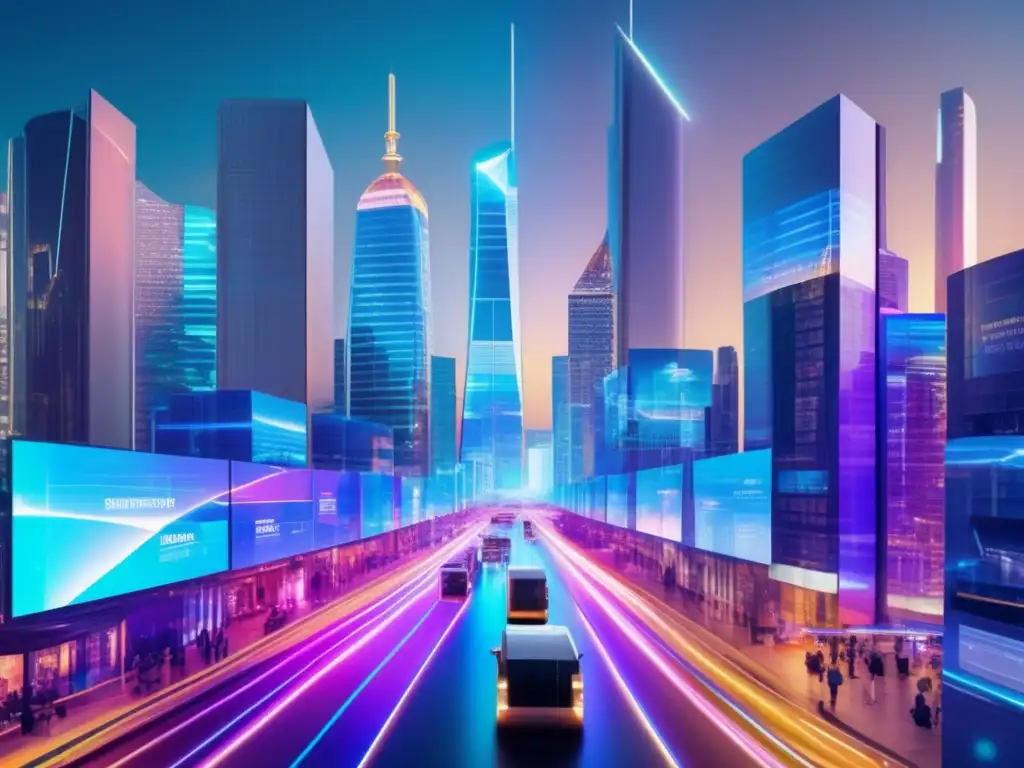 Escena futurista: Calle financiera llena de tecnología blockchain Un paisaje urbano futurista con transacciones financieras en tiempo real y tecnología blockchain, promoviendo la inclusión financiera