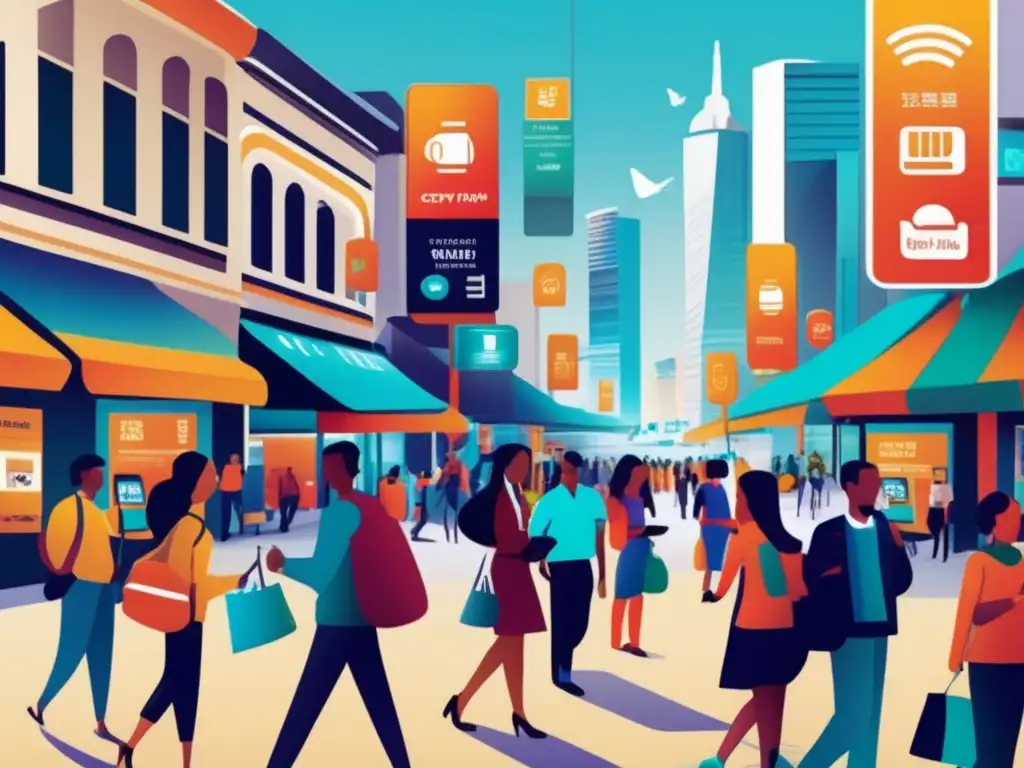 Transformación digital: Pagos seguros y rápidos en la ciudad Personas en una animada calle de la ciudad, usando métodos de pago digital como smartphones y tarjetas contactless
